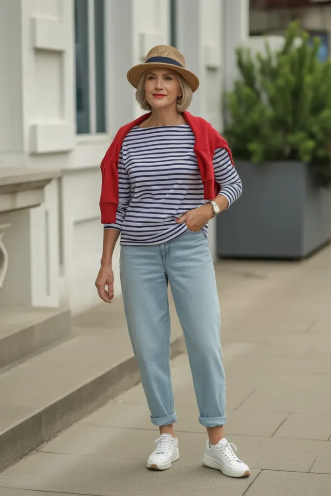 Relaxed Jeans with Striped Boatneck Top