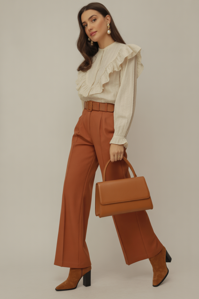 Romantic Ruffled Blouse With High-Waisted Pants