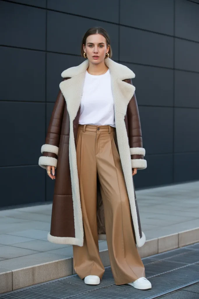 Shearling Coat Styled with Wide-Leg Pants