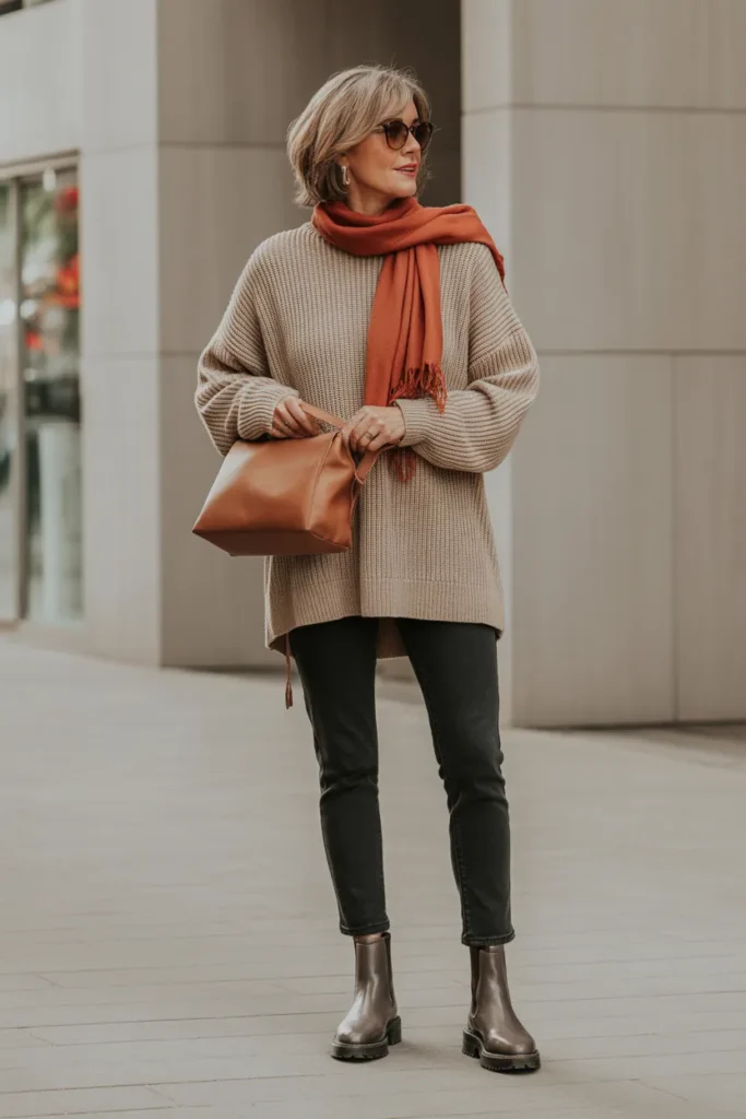Slim Ankle Jeans with Oversized Knit Pullover