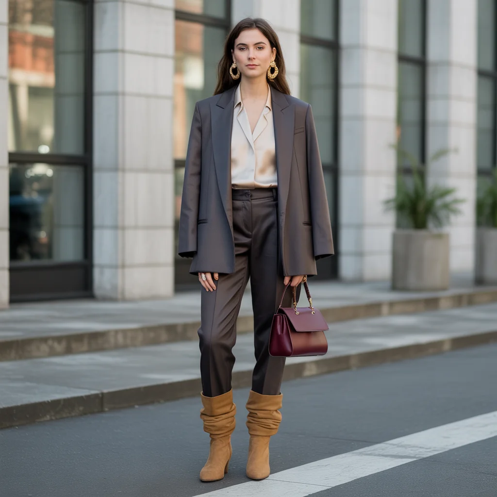 Slouchy Boots with Tailored Pants and Blazer