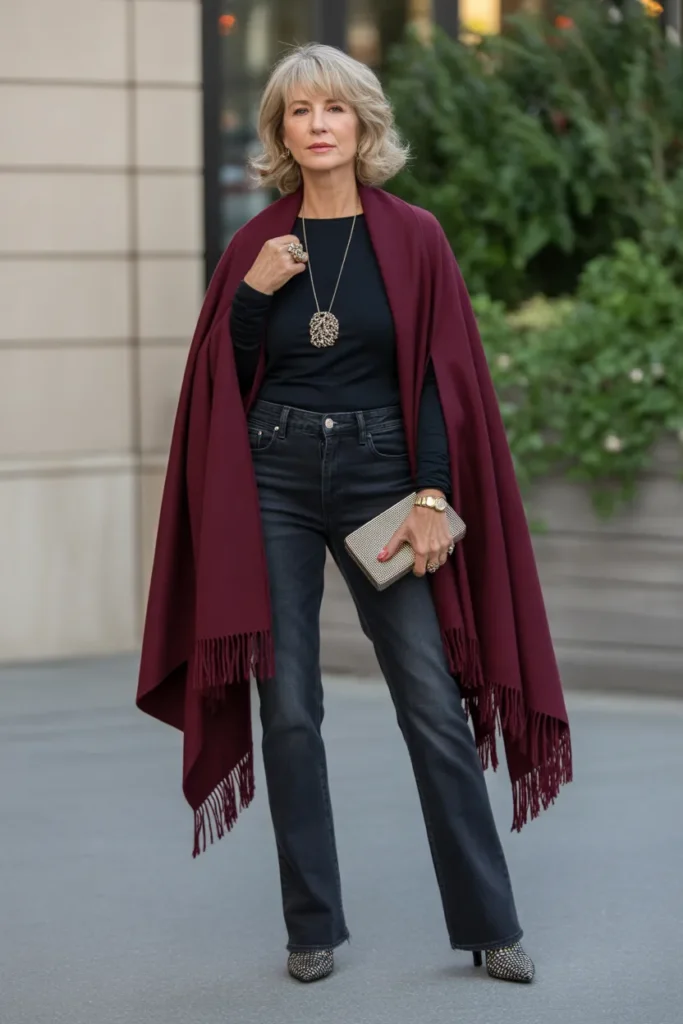 Straight Leg Jeans with Luxe Poncho Layer