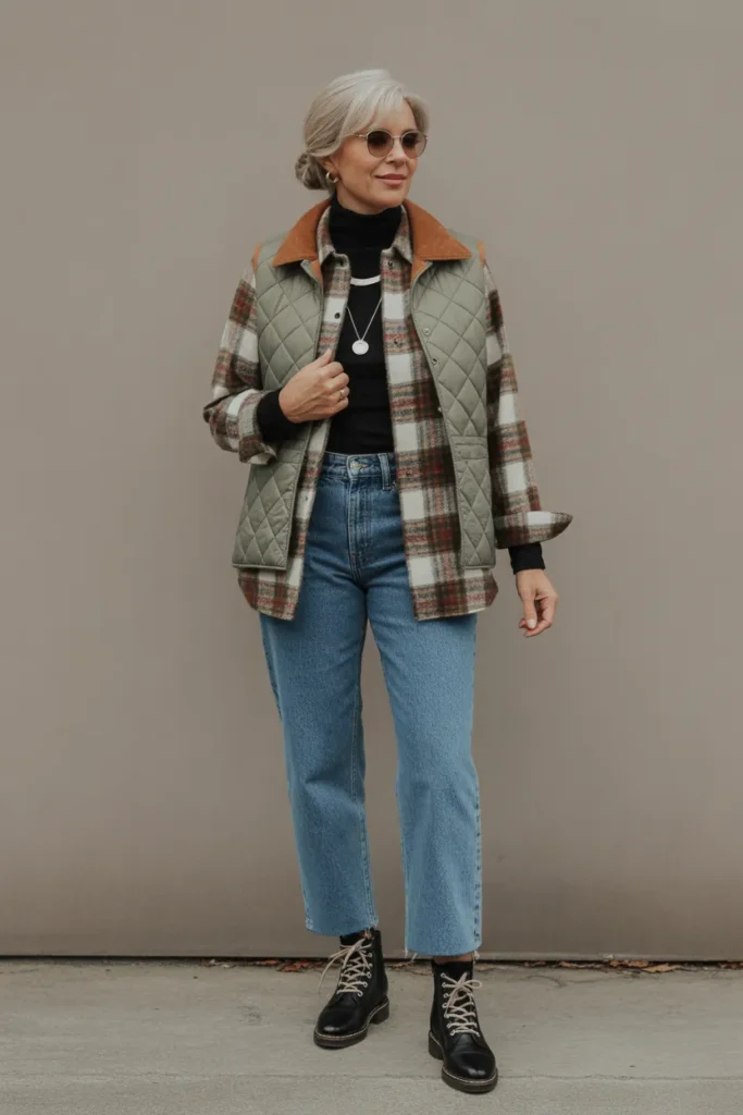 Straight Leg Jeans with Plaid Shirt Layering