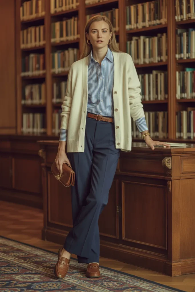 Striped Shirt with Cream Cardigan