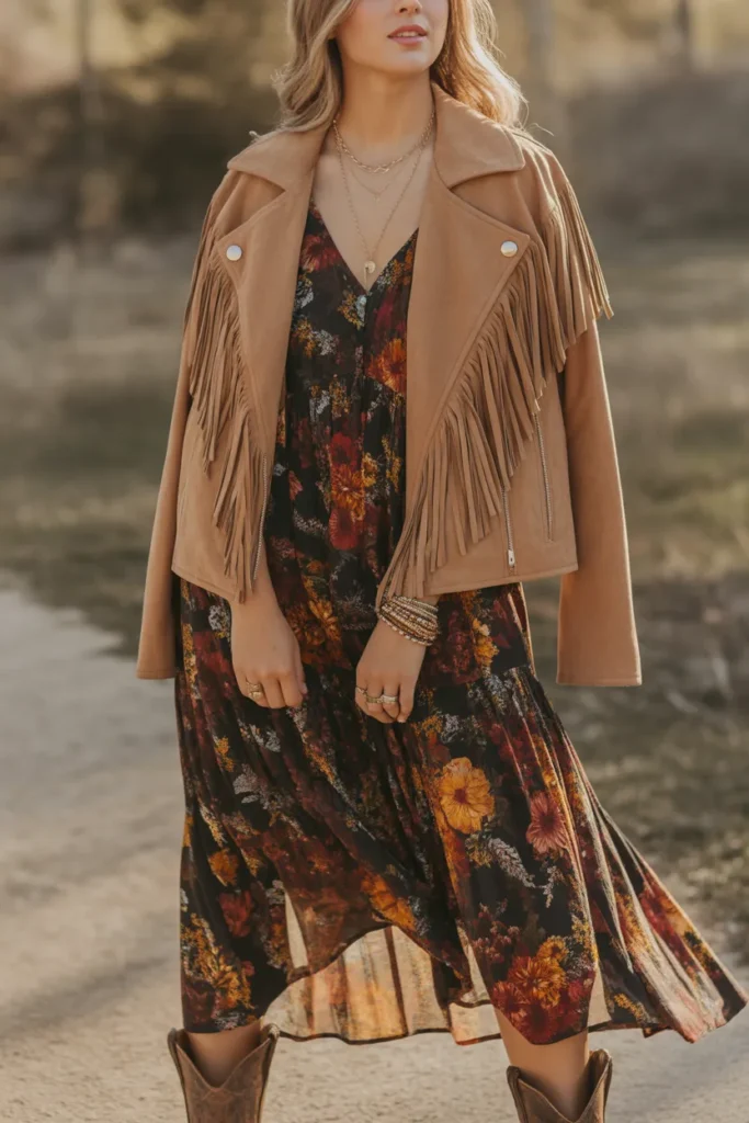Suede Jacket with Floral Dress