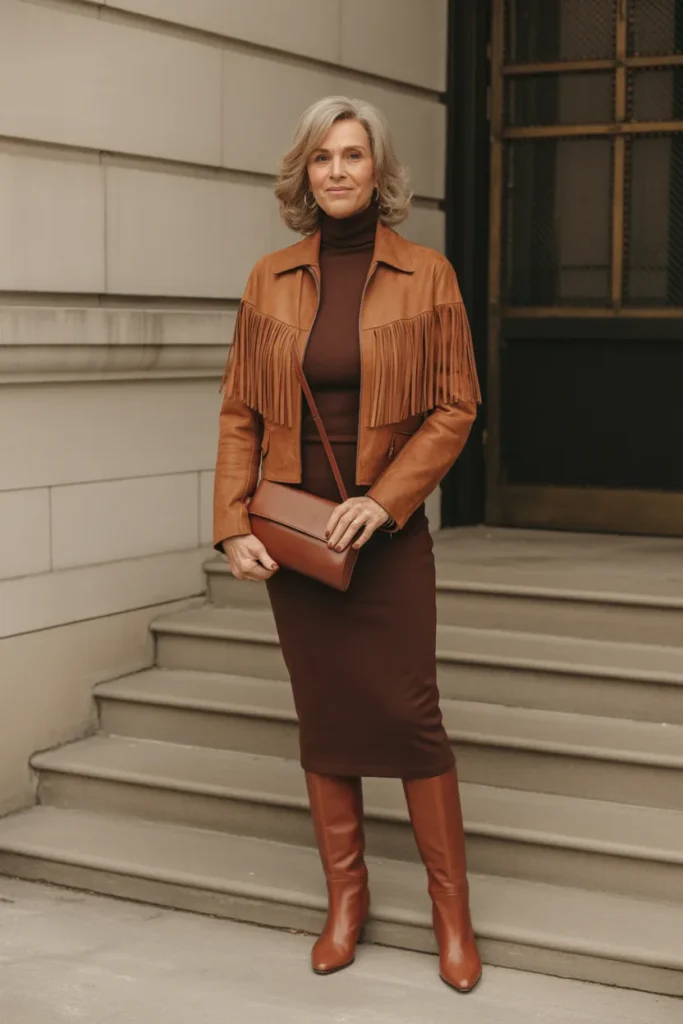 Suede Jacket with Turtleneck Dress