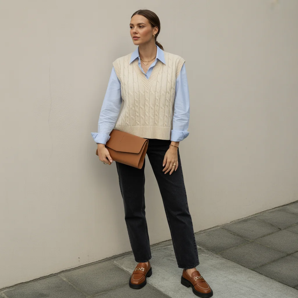 Sweater Vest Layered Over Collared Shirt