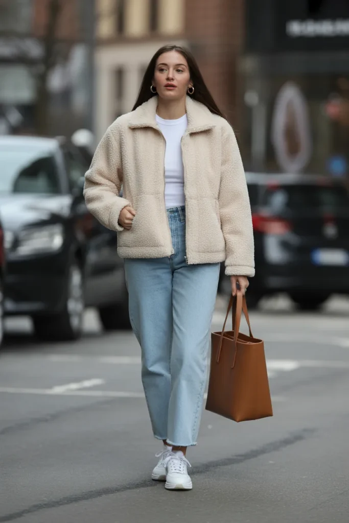 Teddy Bear Jacket with High-Waisted Straight Jeans