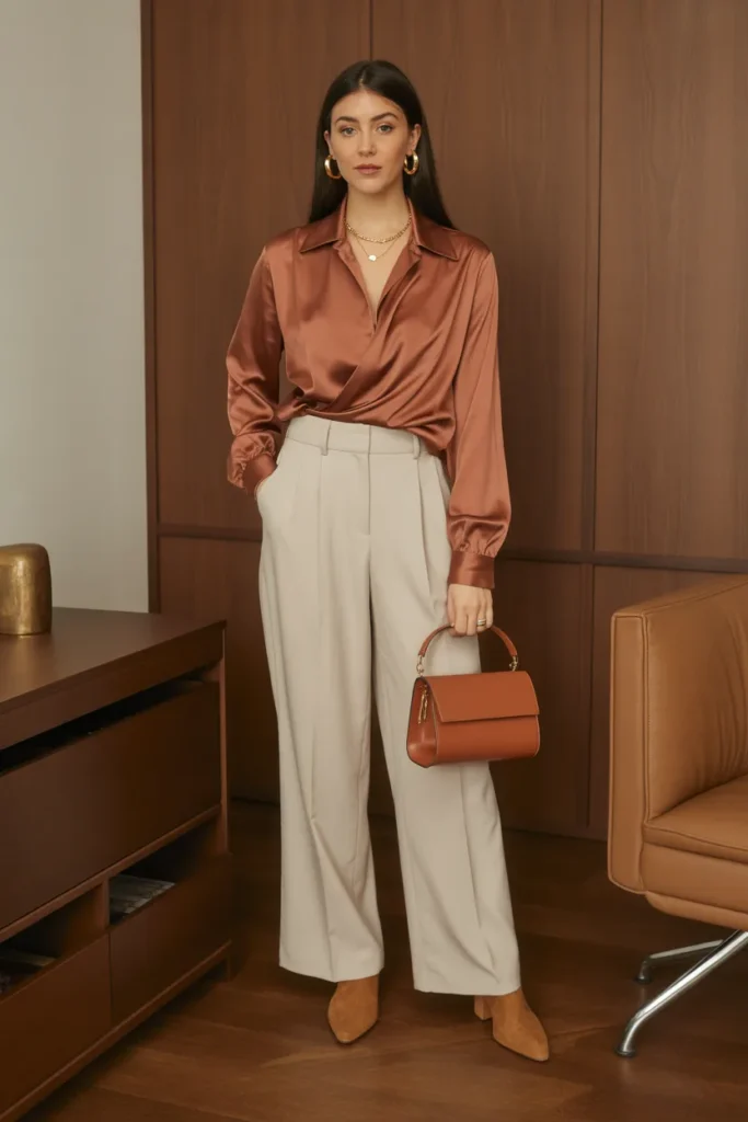 Terracotta Blouse with Tailored Pants