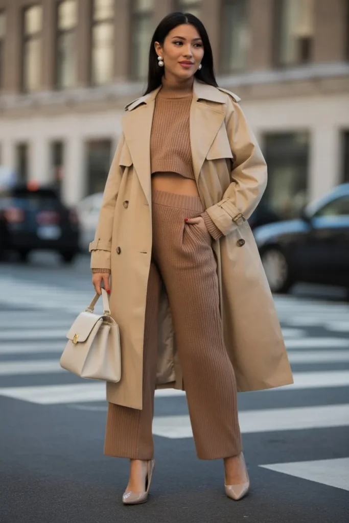 Trench Coat Over Knit Set