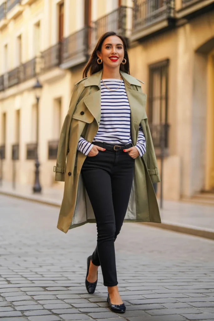 Trench Coat with Striped Shirt