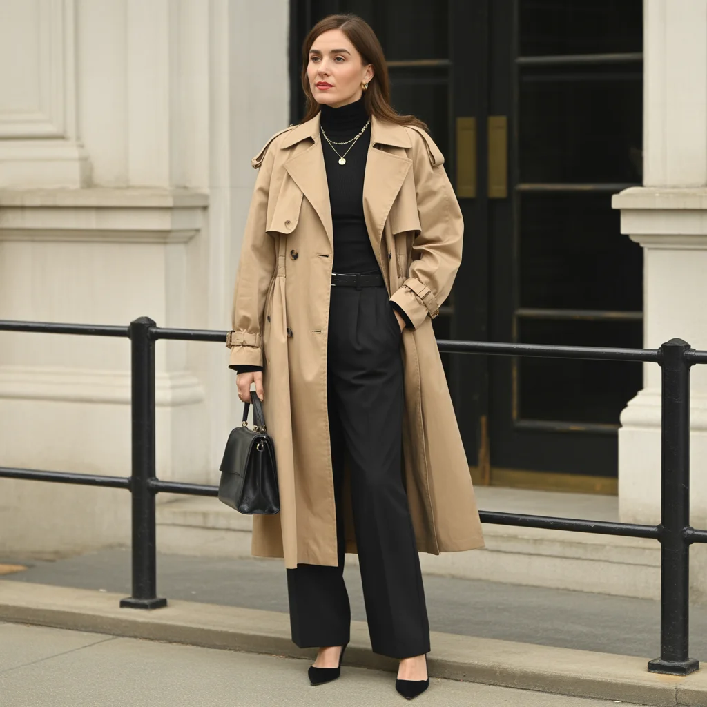 Trench Coat with Wide-Leg Trousers and Heels