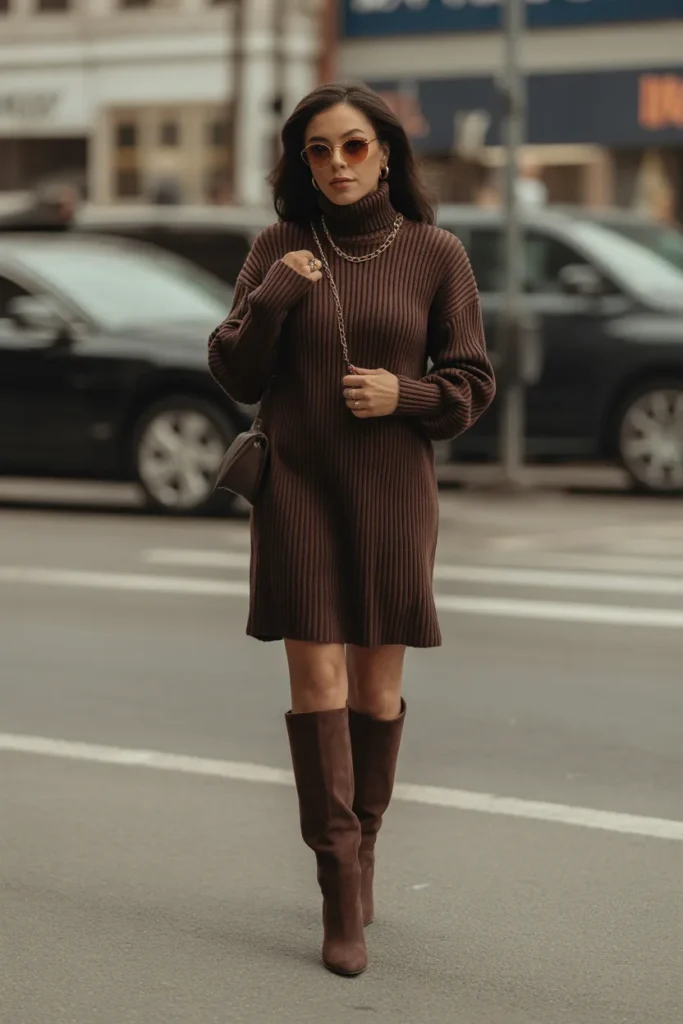 Turtleneck Sweater Dress With Knee-High Boots