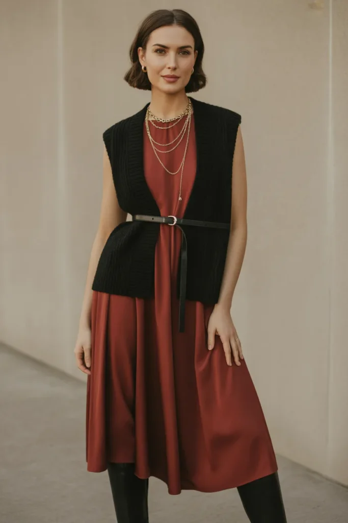  Vest Layered Over Long-Sleeve Dress