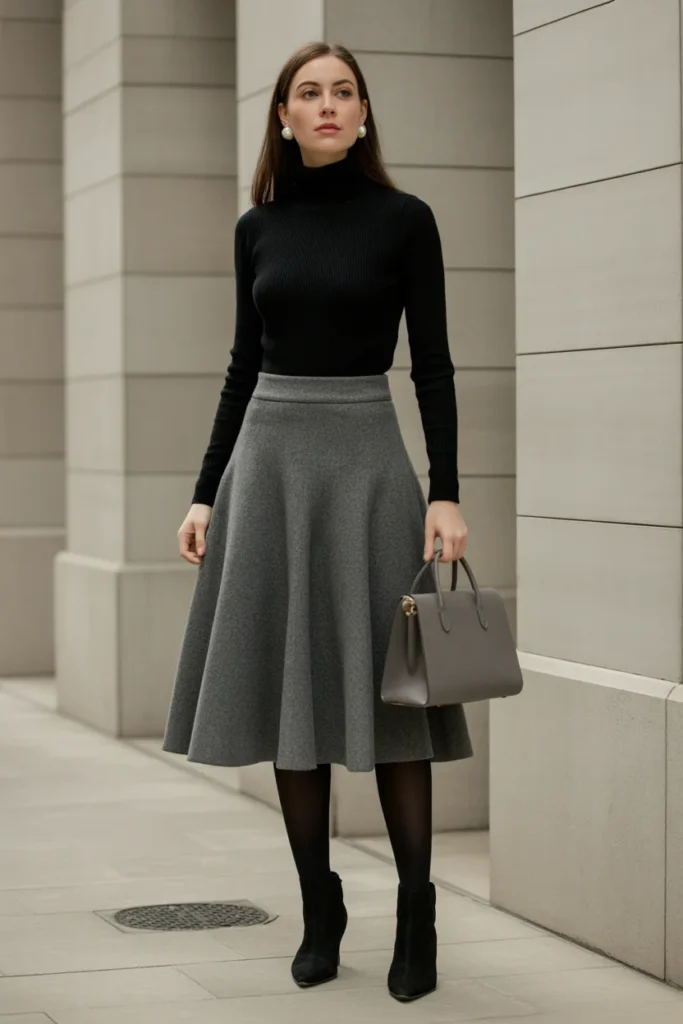 Wool Midi Skirt with Classic Turtleneck