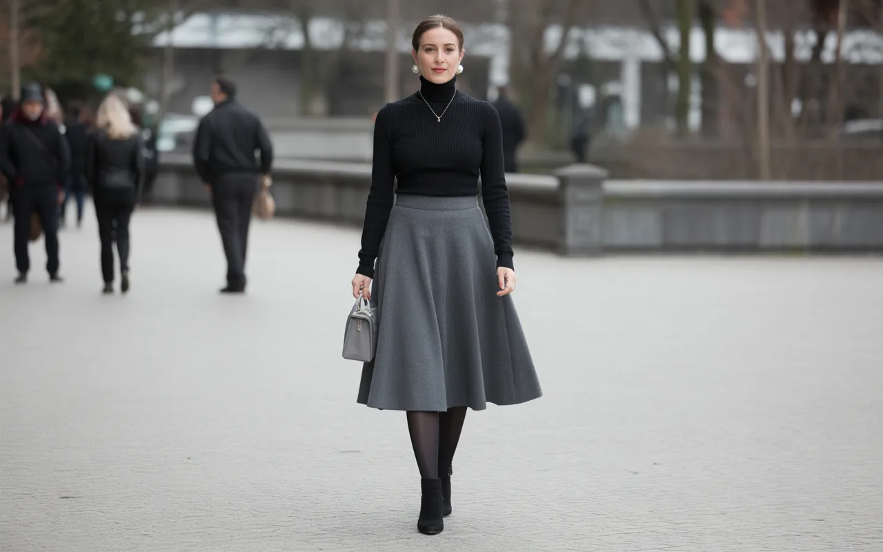 Wool Midi Skirt with Classic Turtleneck
