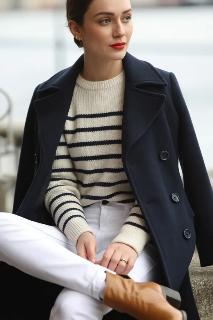Wool Peacoat With Striped Sweater