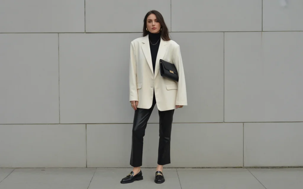  Oversized Cream Blazer with Black Turtleneck