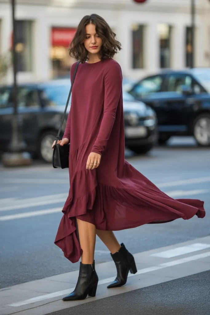 Asymmetric Hem Dress with Ankle Boots