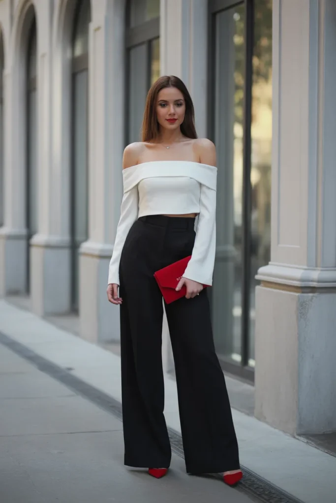 Bardot Top with High-Waisted Pants