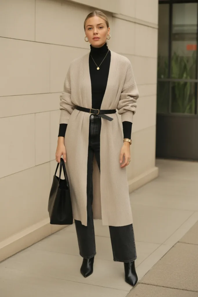 Belted Cardigan Over a Turtleneck
