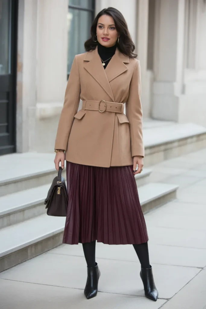 Belted Wool Coat with Midi Skirt