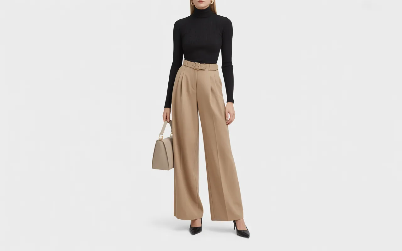 Black Turtleneck and Beige Trousers