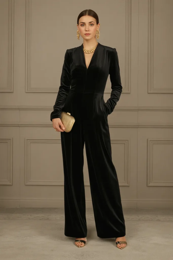 Black Velvet Jumpsuit with Statement Jewelry