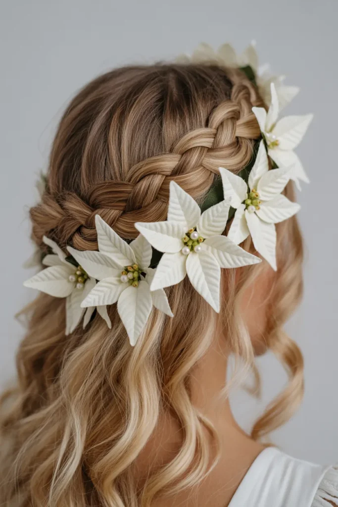 Braided Flower Crown with White Poinsettias