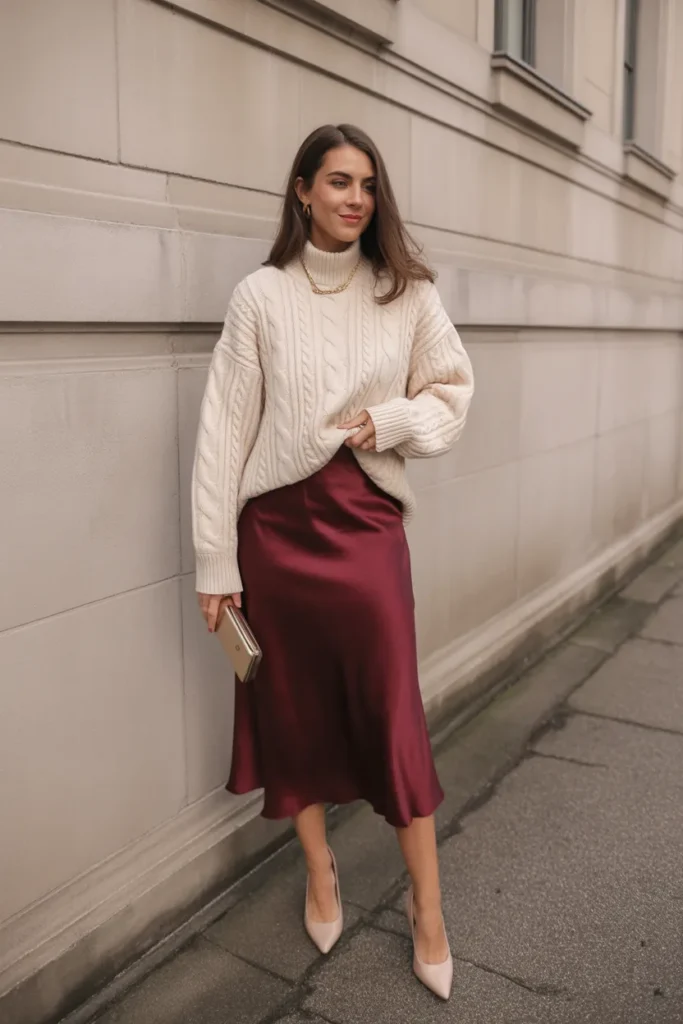 Burgundy Satin Midi Skirt with Cream Knit