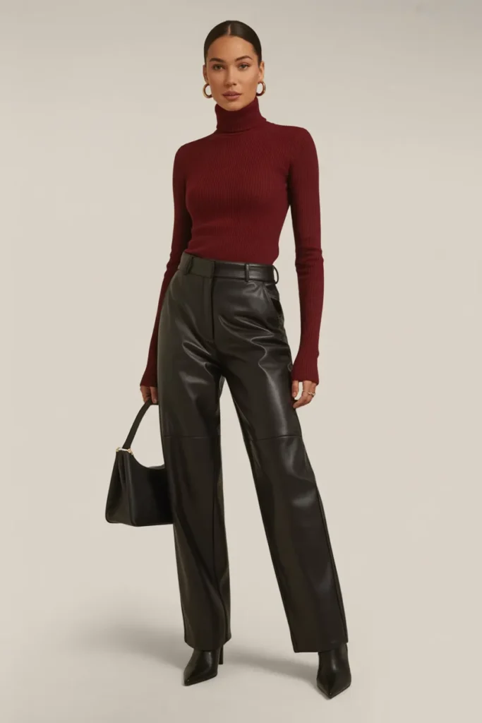 Burgundy Turtleneck with Leather Pants