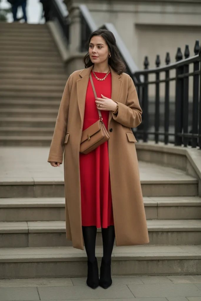 Camel Coat Over Festive Dress