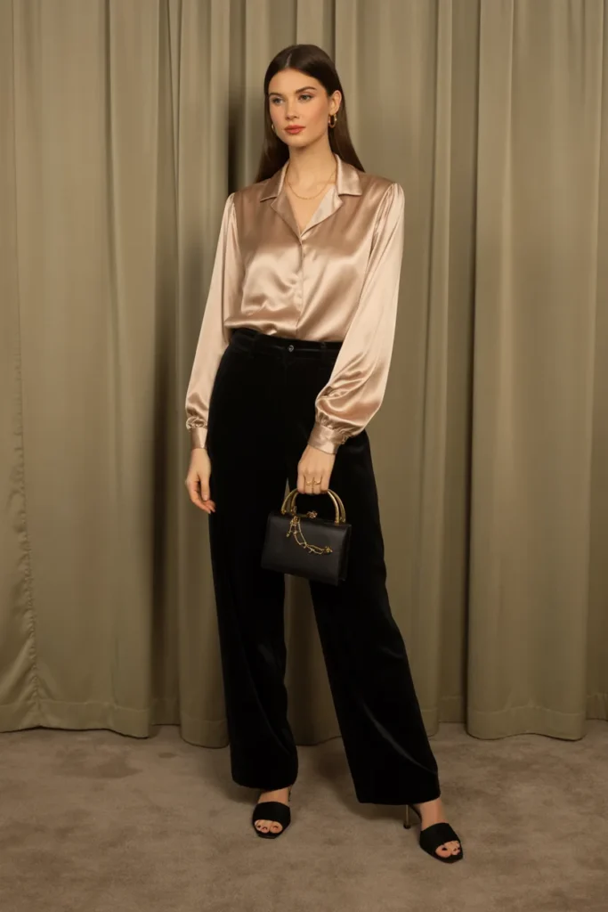 Champagne Silk Blouse with Black Velvet Pants