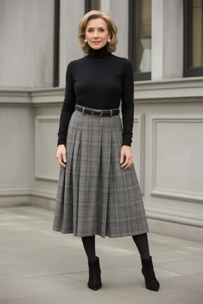 Chic Black Turtleneck with Plaid Midi Skirt