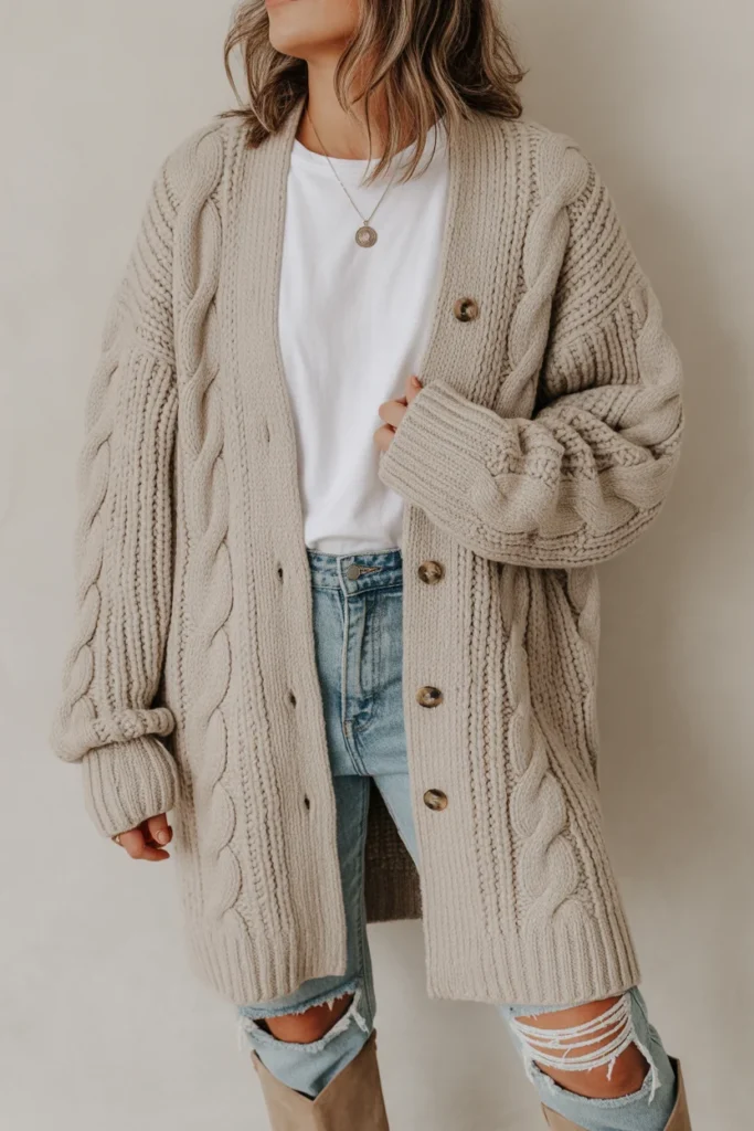  Chunky Cardigan with Jeans and Boots