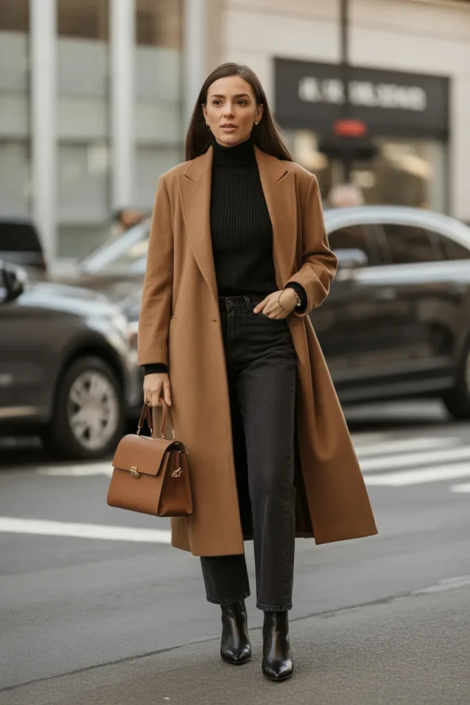 Classic Camel Coat with Black Turtleneck