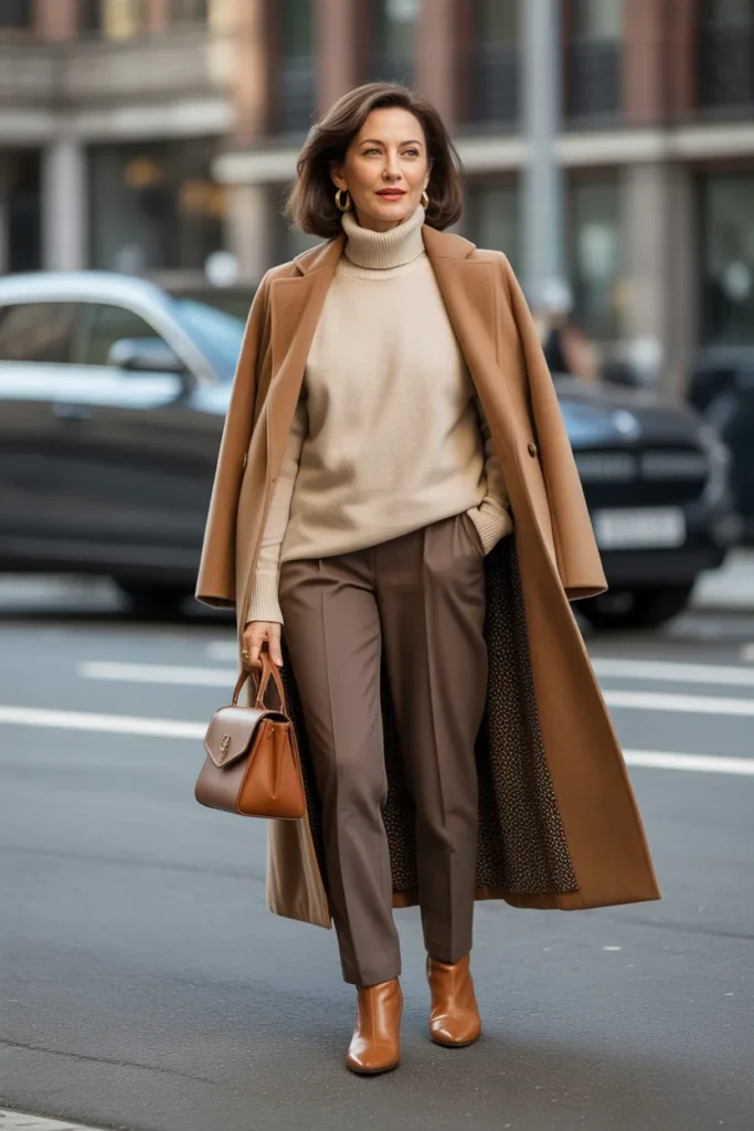  Classic Camel Coat with Cashmere Sweater Ensemble