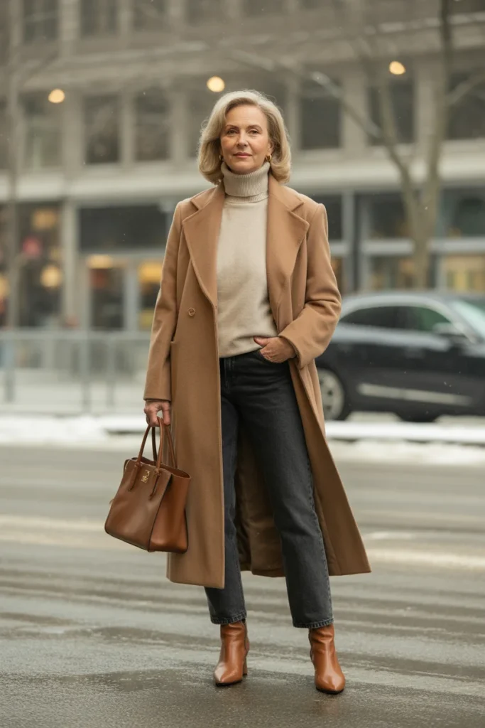 Classic Camel Coat with Turtleneck Ensemble