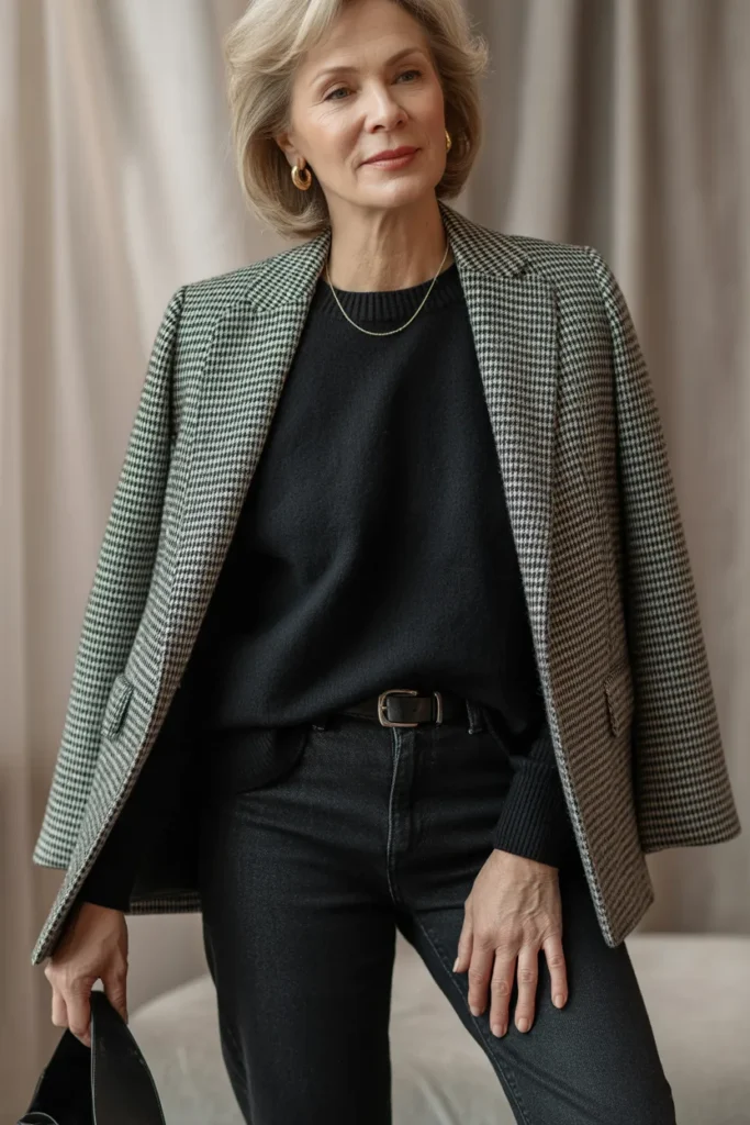 Classic Houndstooth Blazer with Dark Denim