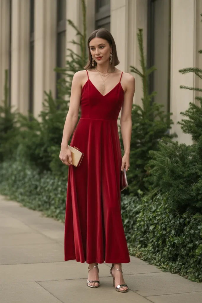 Classic Red Velvet Dress with Gold Accessories