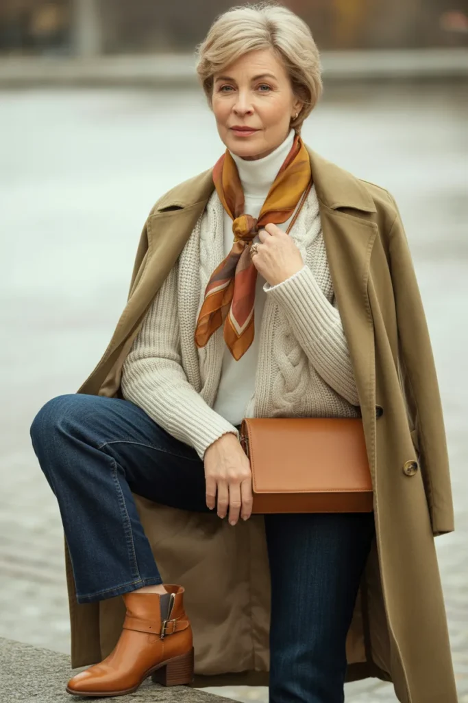 Classic Trench Coat with Layered Knits