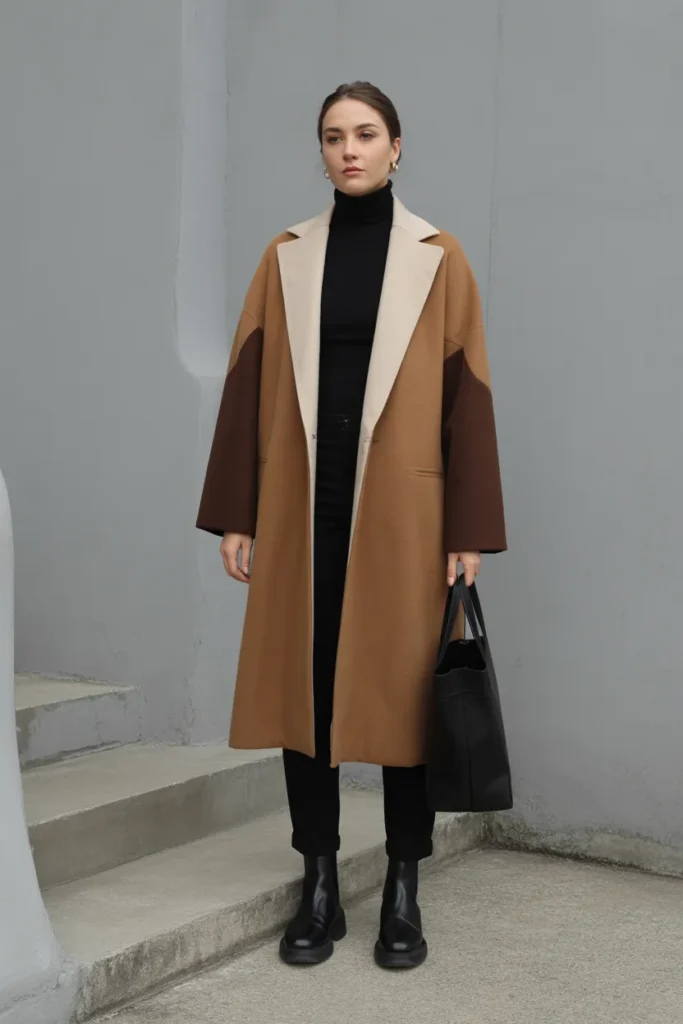 Color-Block Coat with Neutral Base