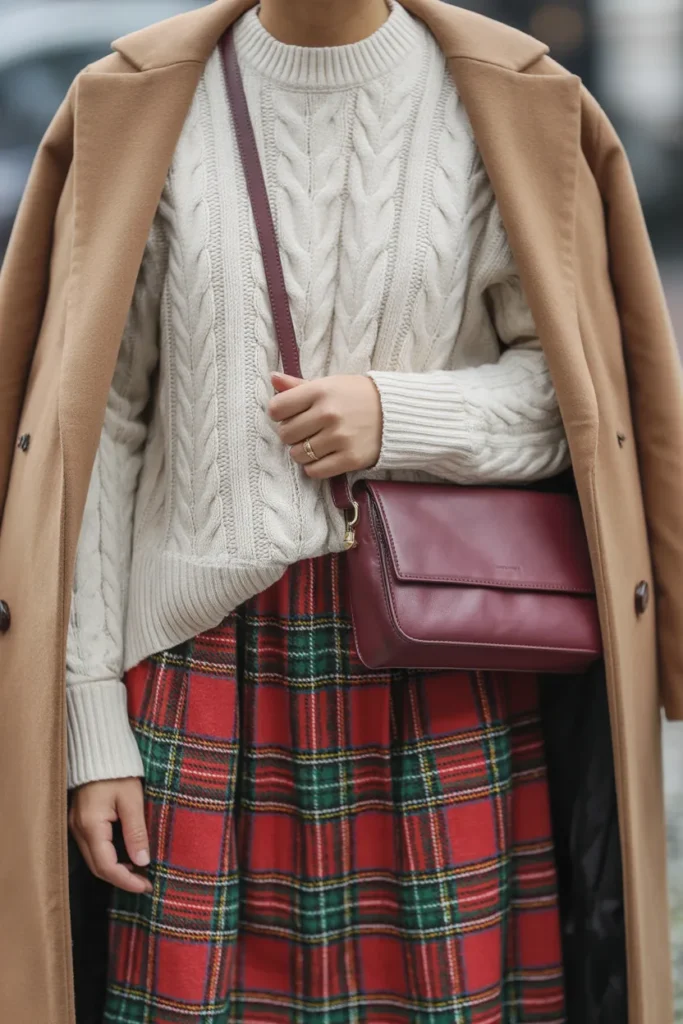 Cozy Cream Knit Sweater with Plaid Midi Skirt