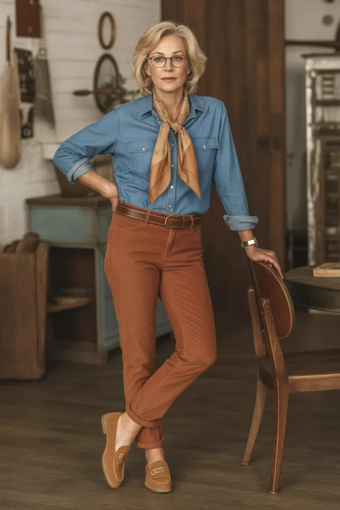 Denim Shirt and Corduroy Pants Combination