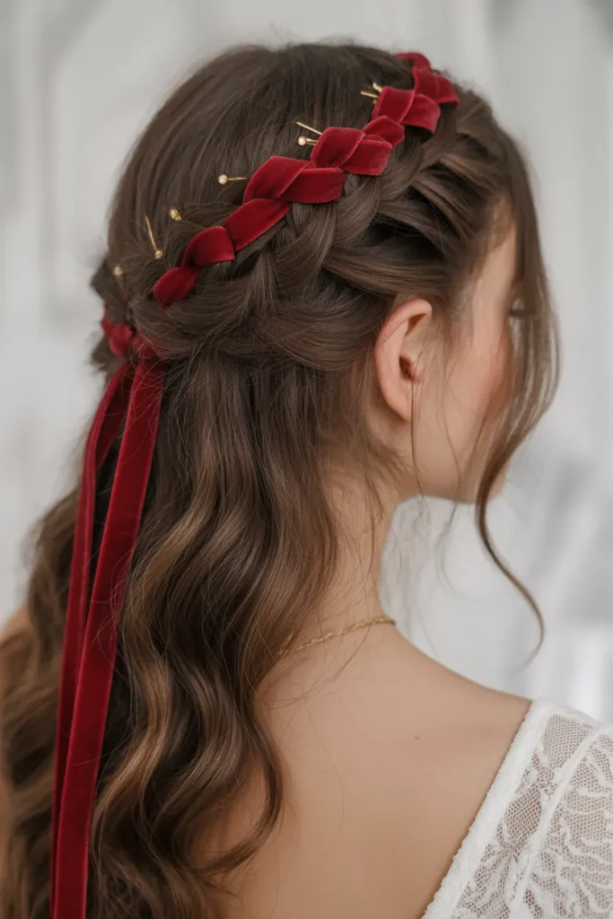 Elegant Christmas Crown Braid with Red Ribbon