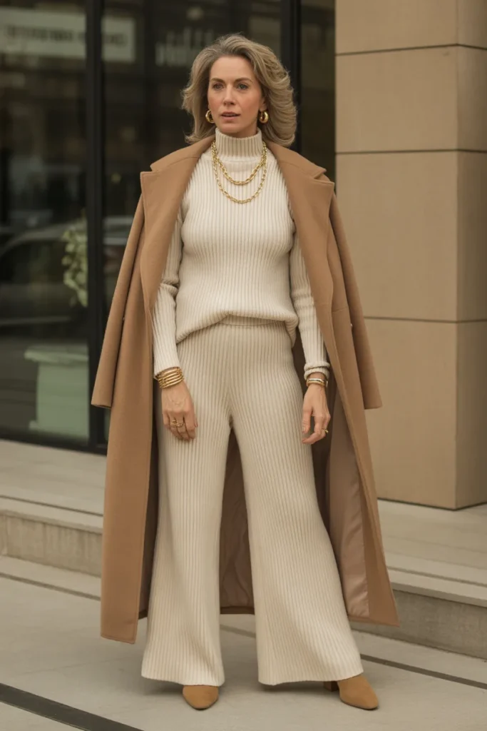 Elegant Cream Knit Set with Gold Accessories