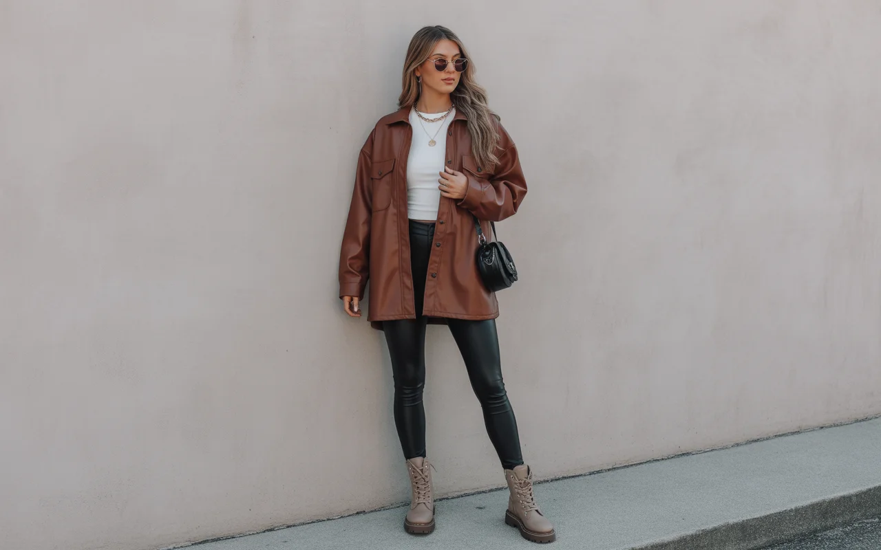Faux Leather Shacket with Leggings