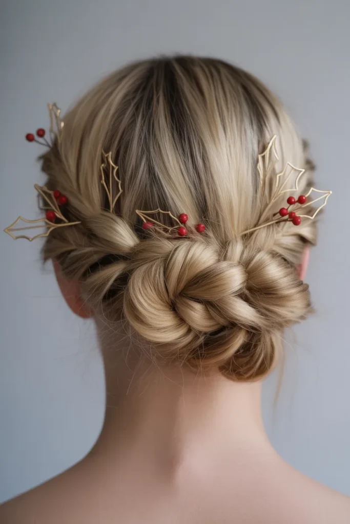 Festive Braided Updo with Holly Hair Pins