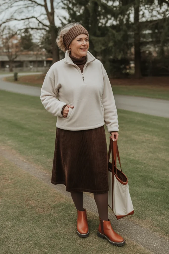 Fleece Pullover with Corduroy Skirt