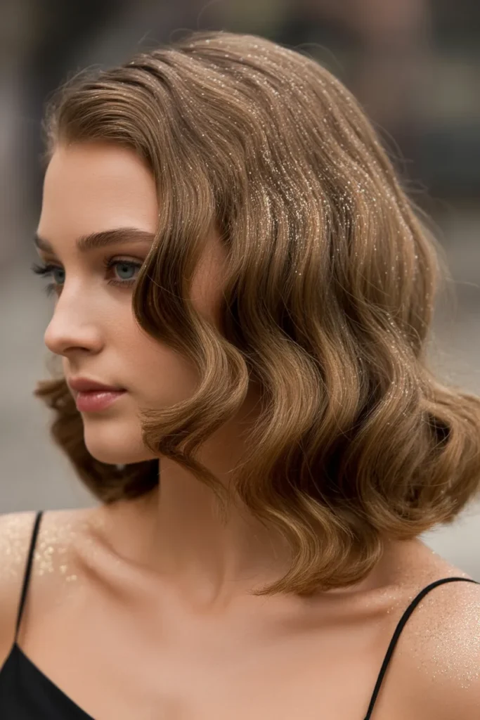 Glamorous Hollywood Waves with Gold Glitter Roots